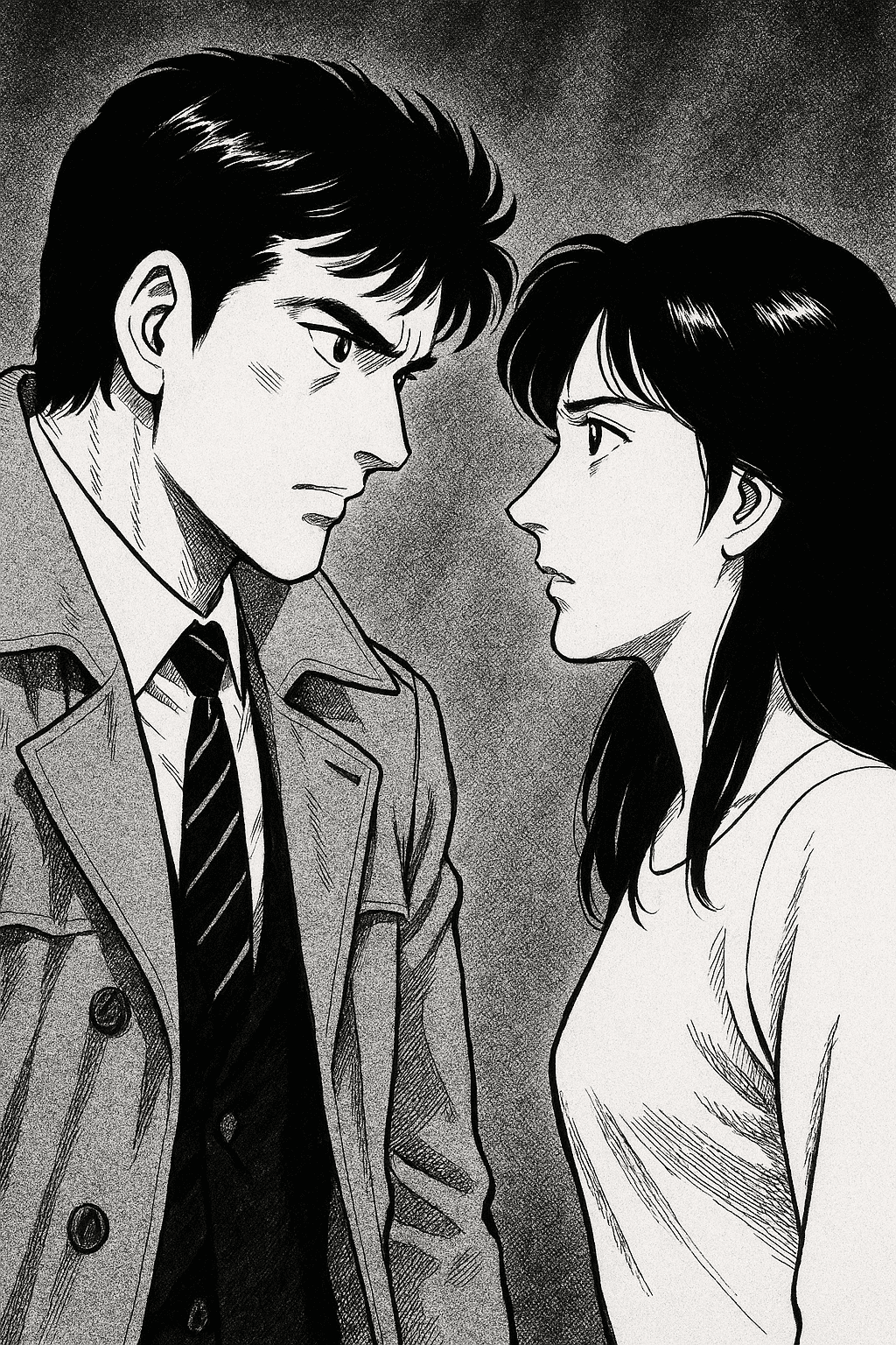 刑事風の男性と女性が向き合う、緊張感のあるモノクロ構図（漫画最終回イメージ）