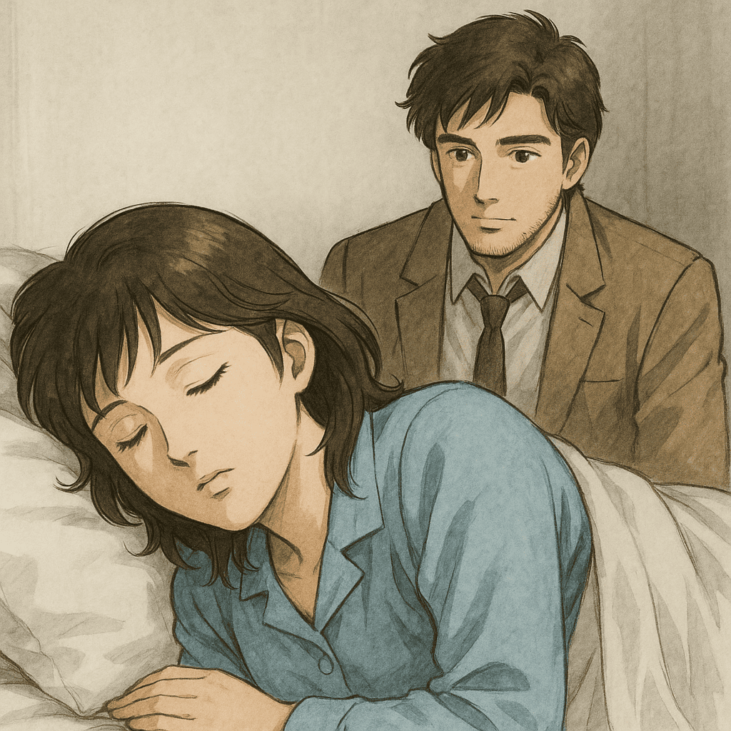 眠る女性と、そっと見守る男性（記憶喪失の後日譚イメージ）