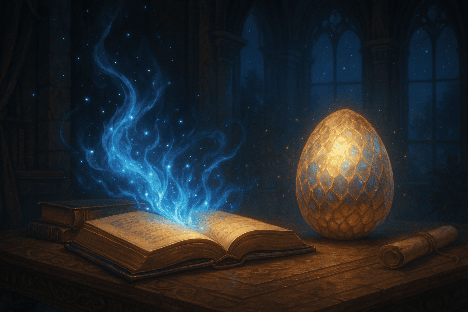 ルーカスの魔法とドラゴンの卵を象徴する幻想的なイメージ