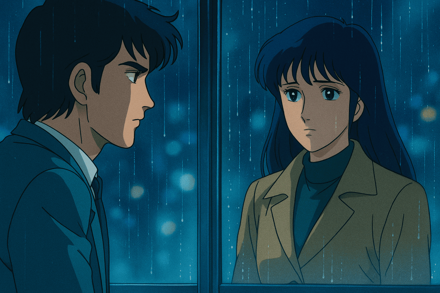 雨に濡れた窓越しに見つめ合う俊夫と瞳。互いを信じたいのに疑ってしまう切ない視線。