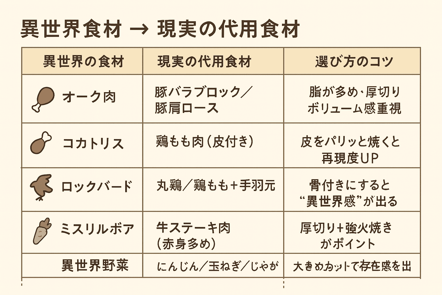 異世界放浪メシ 代用食材対応表(オーク肉・コカトリス・ロックバードなど)