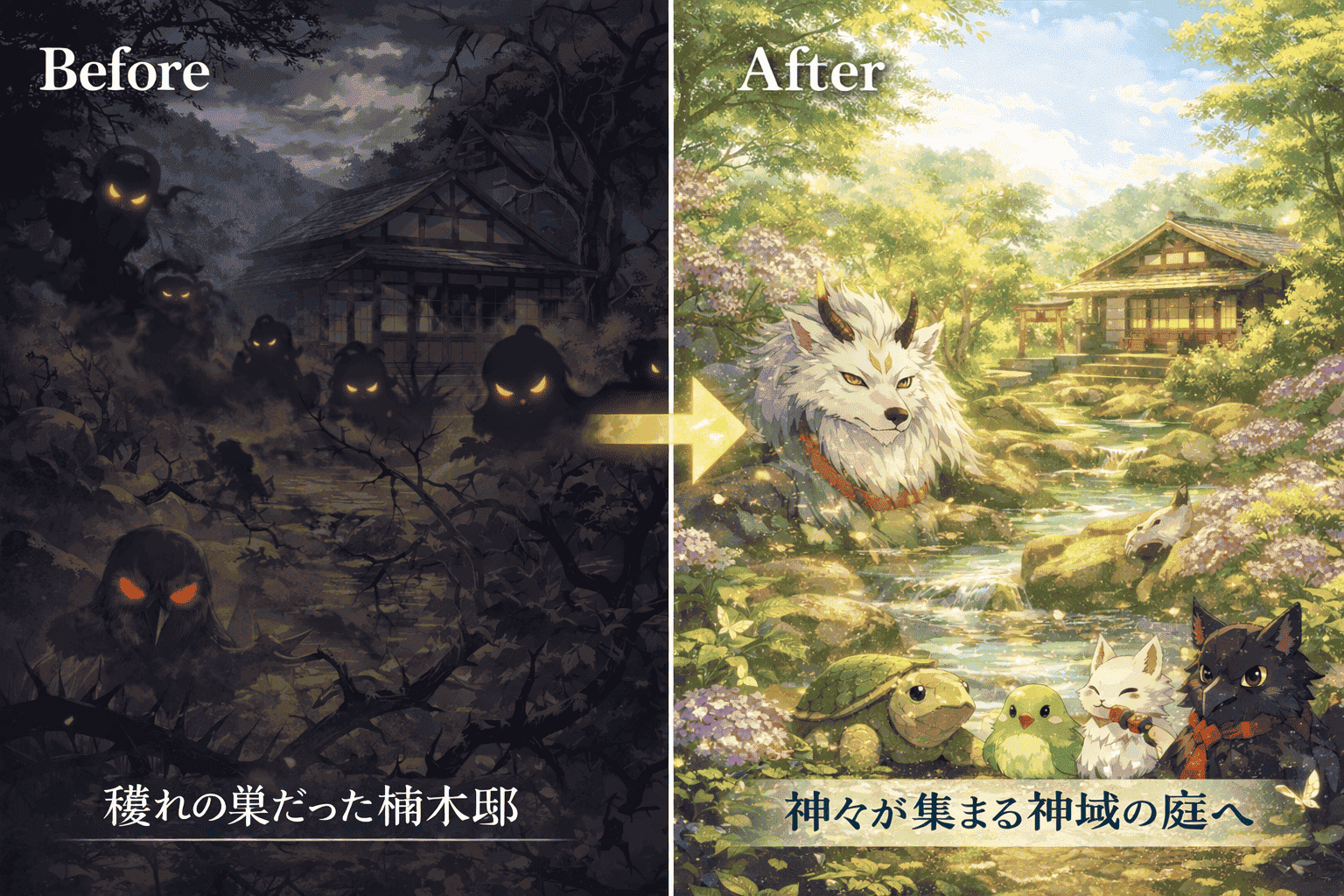 『神の庭付き楠木邸』の庭のビフォーアフター。穢れに満ちた暗い楠木邸が、山神や霊獣が集う明るい神域の庭へ変わるイメージ図