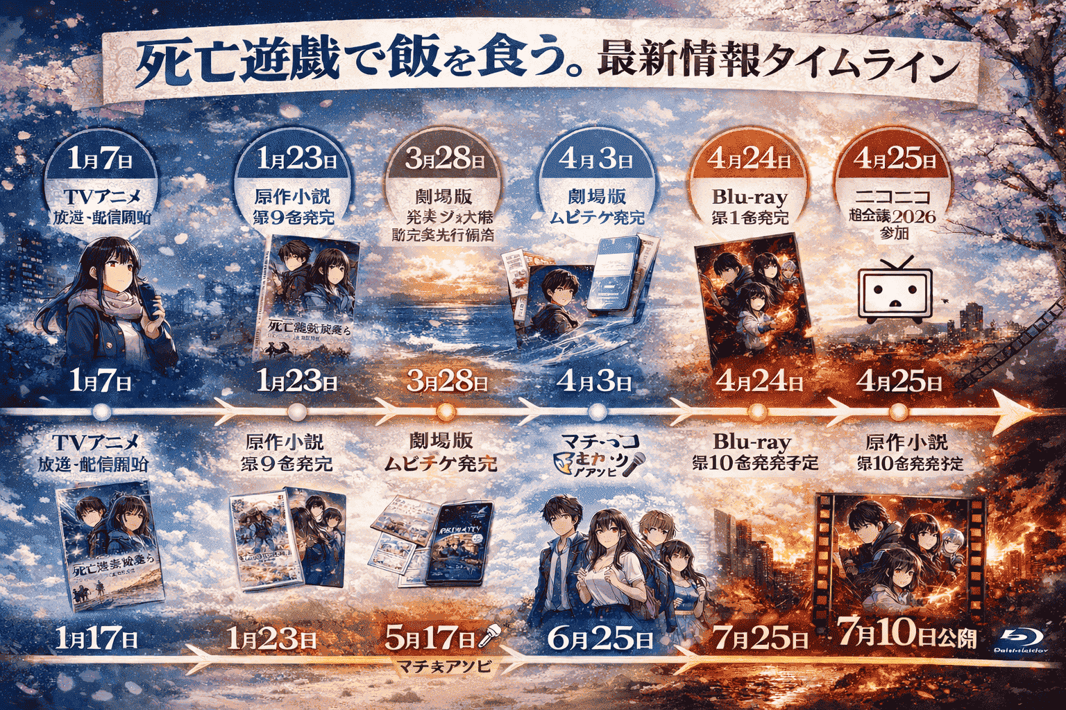 『死亡遊戯で飯を食う。』の2026年1月から7月までの最新情報タイムライン。1月7日のTVアニメ放送開始から、原作小説第9巻発売、劇場版発表、ムビチケ発売、Blu-ray第1巻発売、ニコニコ超会議、マチ★アソビ、原作第10巻発売予定、7月10日の劇場版公開、7月24日のBlu-ray第4巻発売予定までを一本の線で整理した図解。