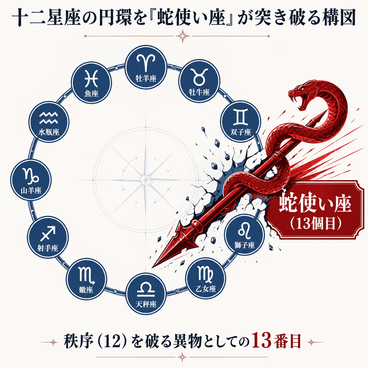 十二星座の円環を蛇使い座が突き破る構図。黒猫と魔女の教室における13個目の魔法特性の異質さを示す図解