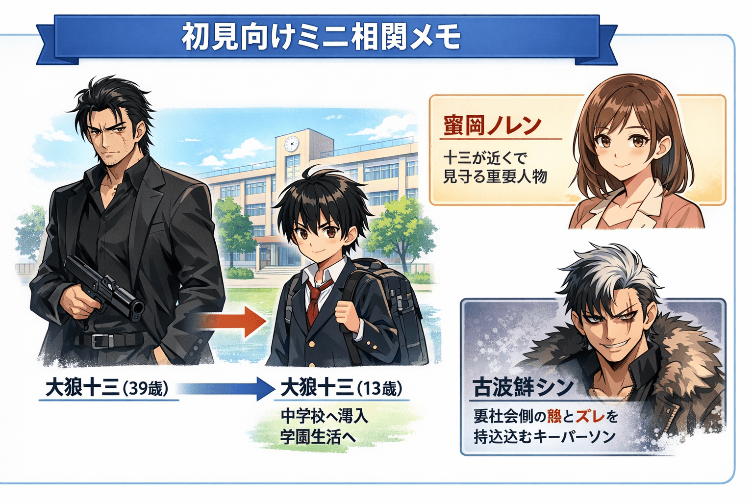 『キルアオ』初見向けミニ相関図。大狼十三は39歳の伝説の殺し屋だが、若返って13歳の姿となり中学校へ潜入。蜜岡ノレンは十三が近くで見守る重要人物、古波鮫シンは裏社会側の熱とズレを持ち込むキーパーソン。