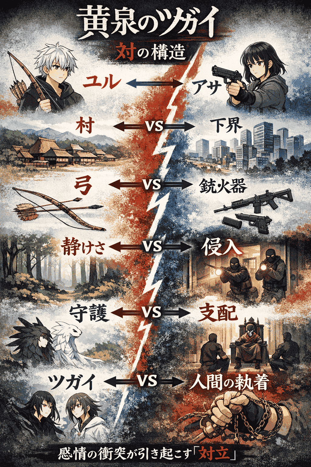 『黄泉のツガイ』の対の構造を示した図解。ユルとアサ、村と下界、弓と銃火器、静けさと侵入、守護と支配、ツガイと人間の執着という対立構造を整理したイメージ図。