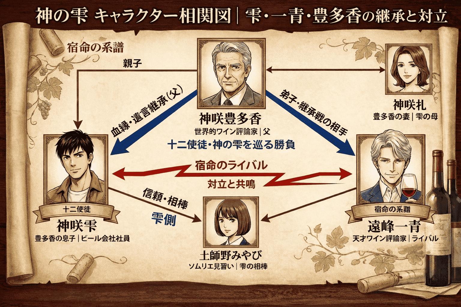 神咲雫、遠峰一青、神咲豊多香の血縁・継承・対立関係を整理した相関図