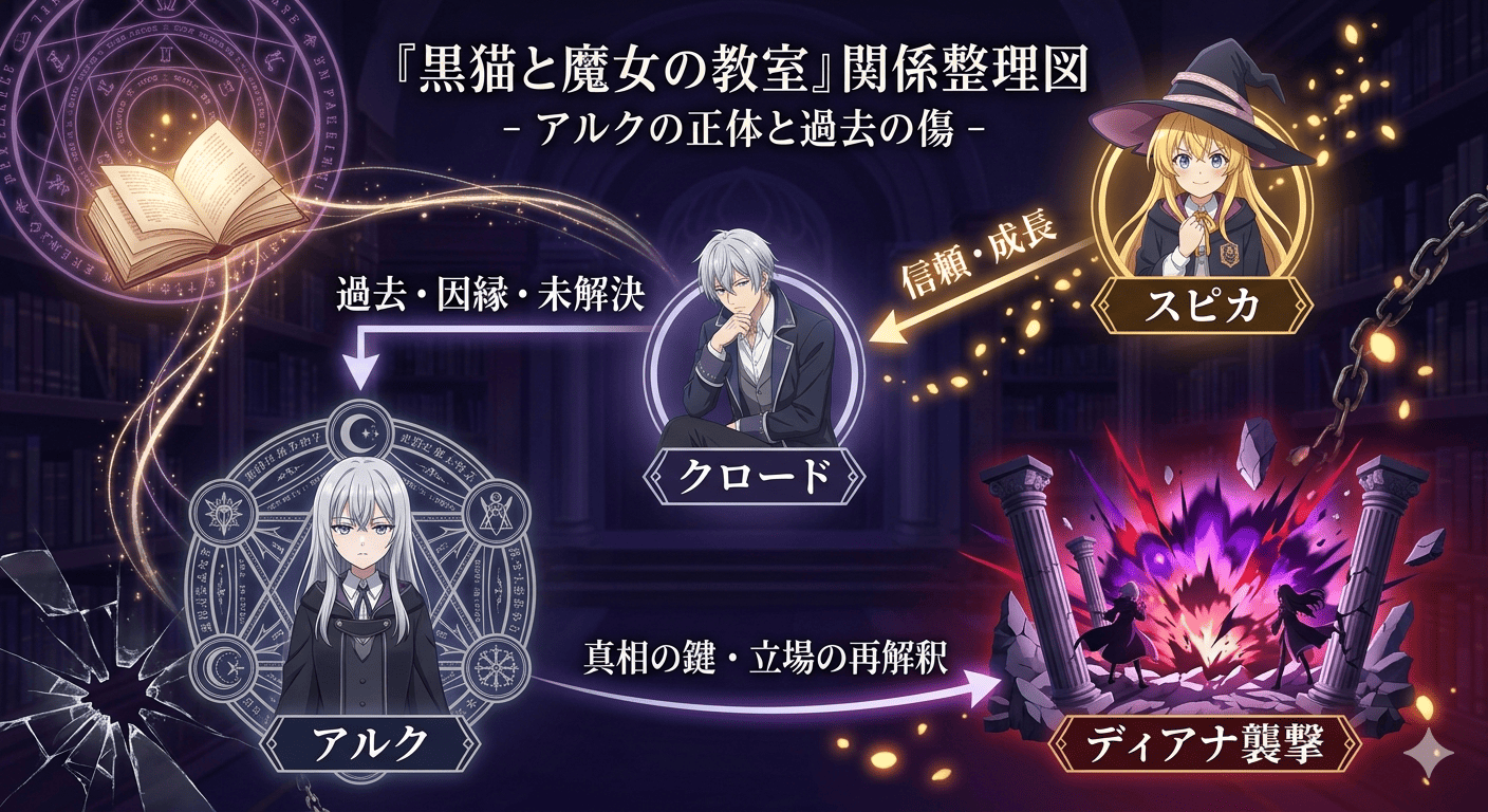 『黒猫と魔女の教室』関係整理図。スピカ、クロード、アルク、ディアナ襲撃のつながりを示した相関図