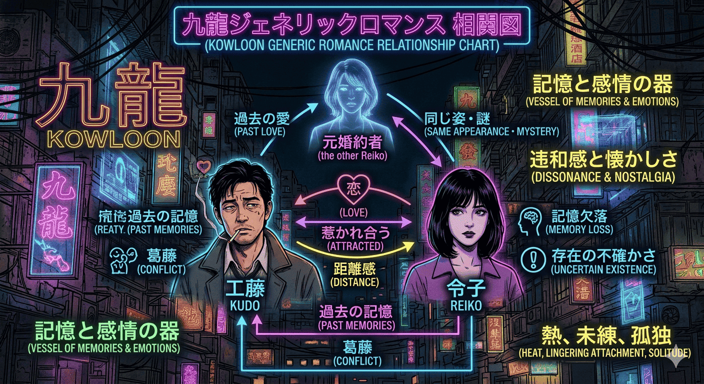 九龍ジェネリックロマンスのネタバレを抑えた人物相関図。工藤、令子、もう一人の令子、九龍の街の関係性を整理した図。