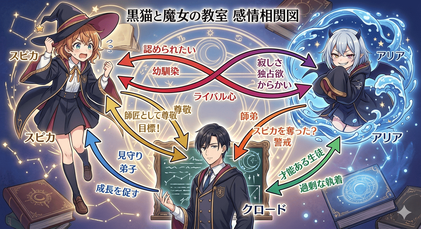 黒猫と魔女の教室のスピカ、アリア、クロードの感情相関図。スピカはクロードを師匠として尊敬し、アリアには認められたい感情を持つ。アリアはスピカに寂しさや独占欲、からかいを向け、クロードには警戒心を抱いている関係性を示した図解。