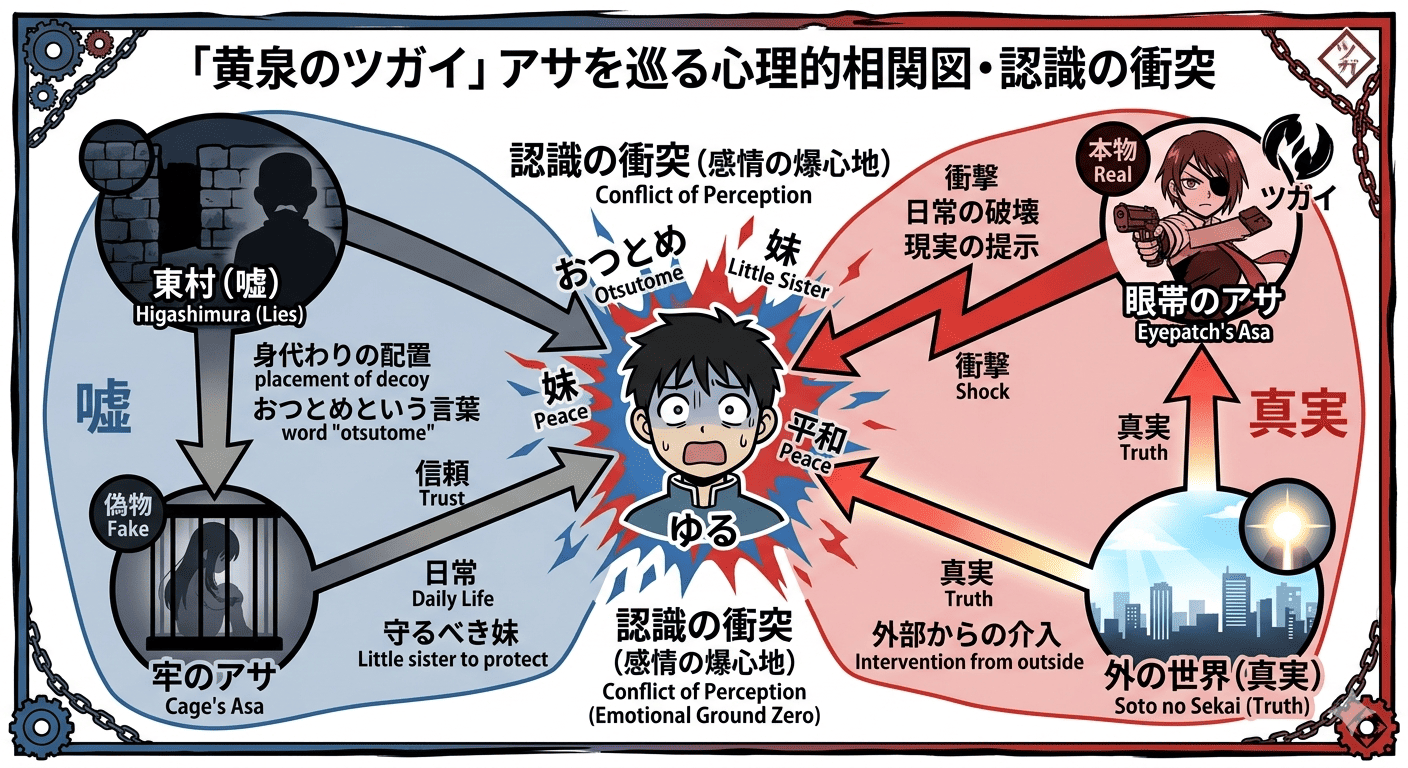 『黄泉のツガイ』第3話時点のアサをめぐる心理的相関図。村の嘘、牢のアサ、ユル、眼帯のアサ、外の世界の真実が衝突する構造を示した図解
