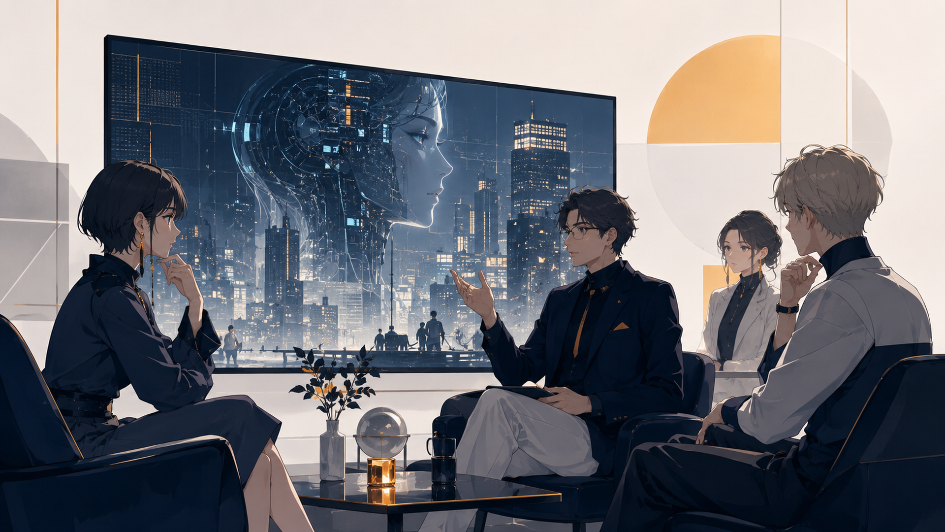 スタジオのモニターに電脳都市が映り出演者が攻殻機動隊の魅力を語る場面