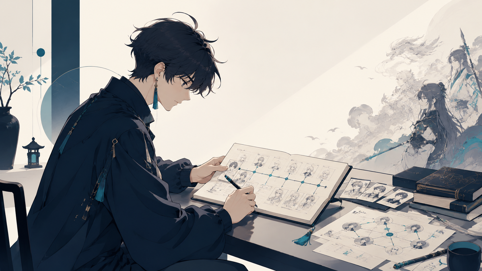 キャスト発表の時系列をノートに整理しながら、和風ファンタジー作品の人物関係を読み解くアニメファンの机上シーン