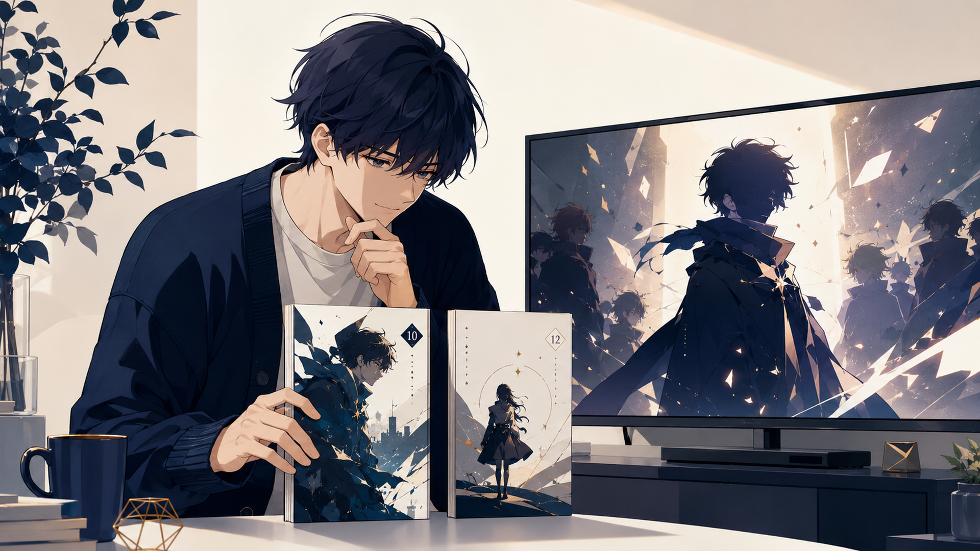 アニメ告知を映すテレビの前でコミックス10巻と小説12巻を並べて確認する読者