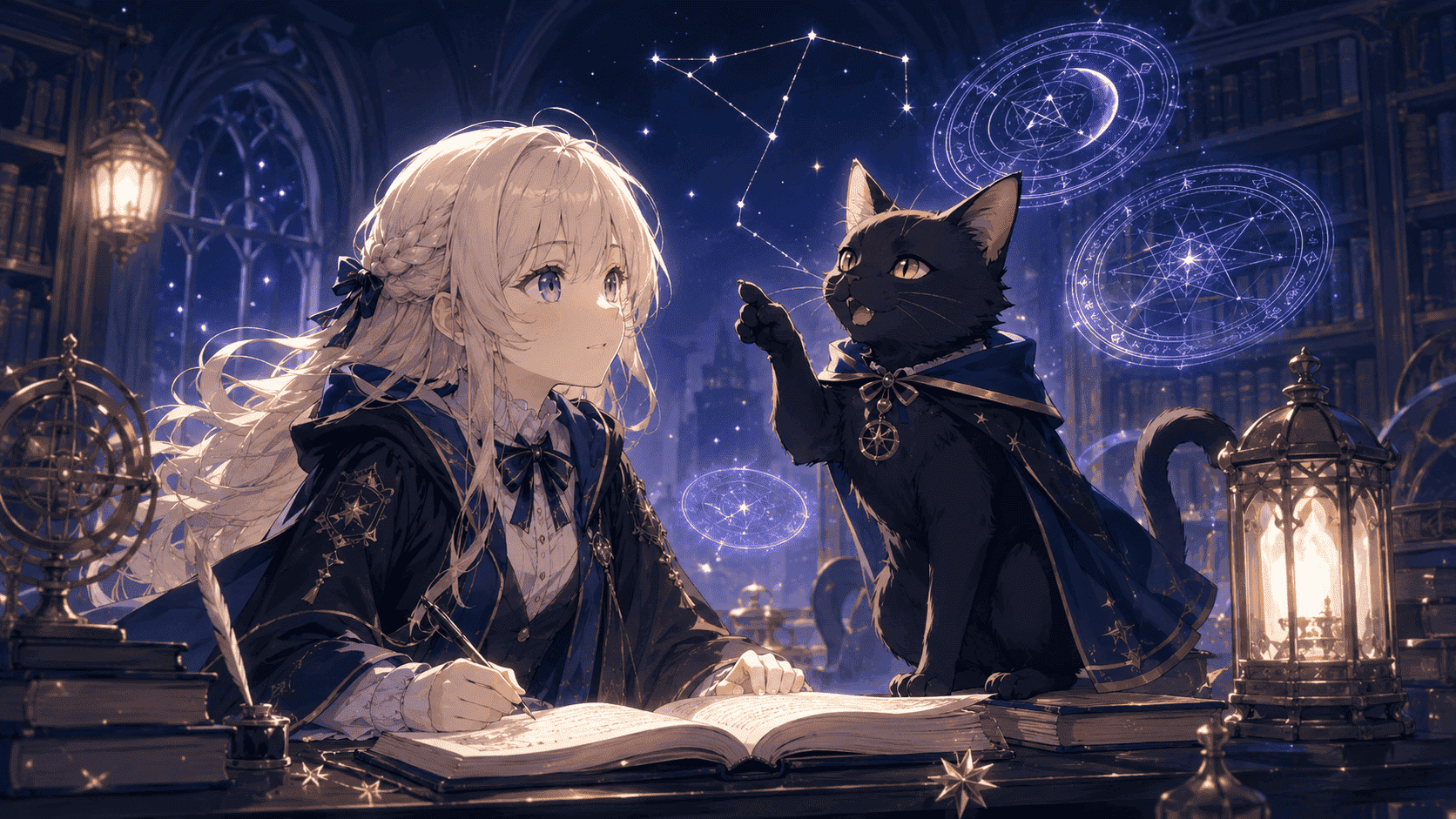 黒猫と魔女の教室をイメージした、月夜の書斎で魔法を学ぶ少女と黒猫のイラスト