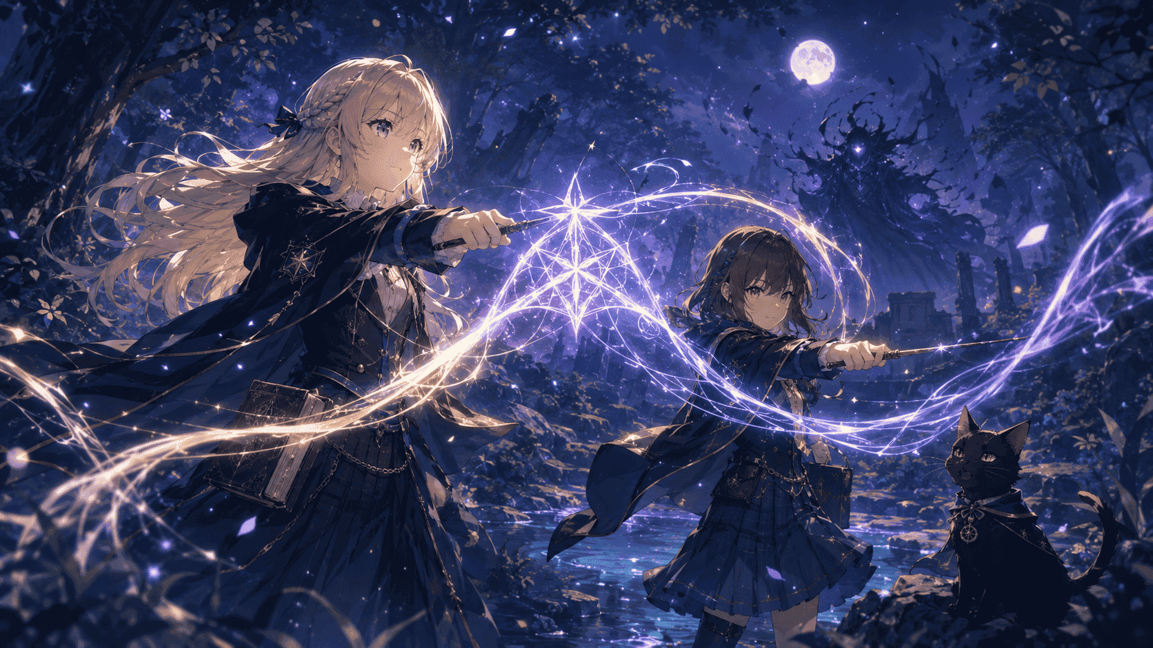 黒猫と魔女の教室をイメージした、月明かりの森で仲間とクロス・マジックを放つ少女たちのイラスト